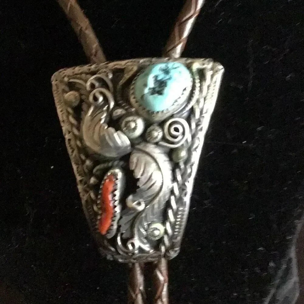 Bolo tie, Rare piece to find sterling silver Navajo bolo with turquoise and red